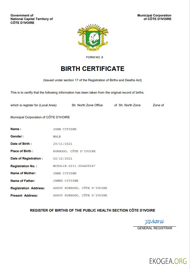 Modèle Word et PDF d'acte de naissance d'acte d'état civil de Côte d'Ivoire